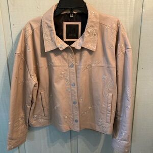 Women's Embroidered Leather Jacket - Cream